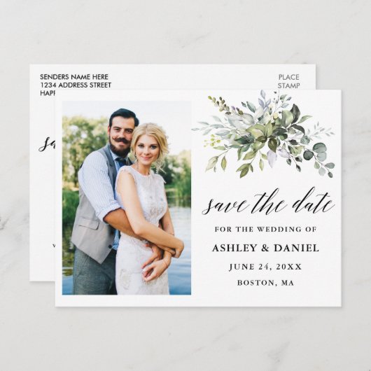 Kalligraphie Grüne Save the Date Foto Postkarte (Vorne/Hinten)