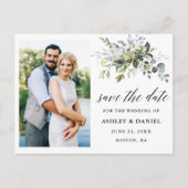 Kalligraphie Grüne Save the Date Foto Postkarte (Vorderseite)