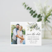 Kalligraphie Grüne Save the Date Foto Postkarte (Stehend Vorderseite)