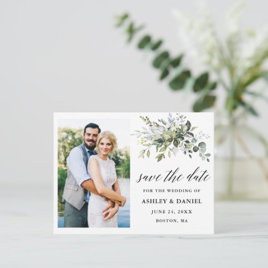 Kalligraphie Grüne Save the Date Foto Postkarte (Stehend Vorderseite)