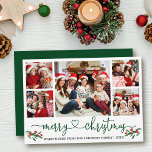 Kalligraphie Herz Weihnachten Holly 5 Foto Green<br><div class="desc">Moderne Kalligrafie Herzschrift Weihnachten 5 Foto Weihnachtskarte enthält Watercolor Red Holly Berries - Grüne Schrift</div>