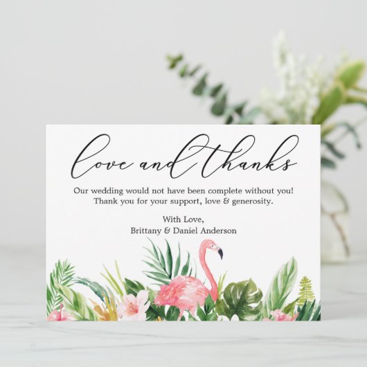 Kalligraphie-Liebe dank Tropical Pink Flamingo Dankeskarte (Stehend Vorderseite)