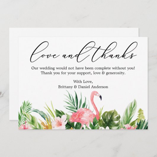 Kalligraphie-Liebe dank Tropical Pink Flamingo Dankeskarte (Vorne/Hinten)