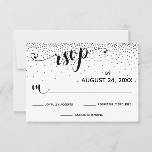 Kalligraphie mit Herz, Silberner Glitzer Confetti RSVP Karte (Vorderseite)