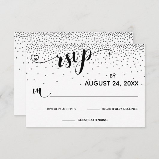 Kalligraphie mit Herz, Silberner Glitzer Confetti RSVP Karte (Vorne/Hinten)
