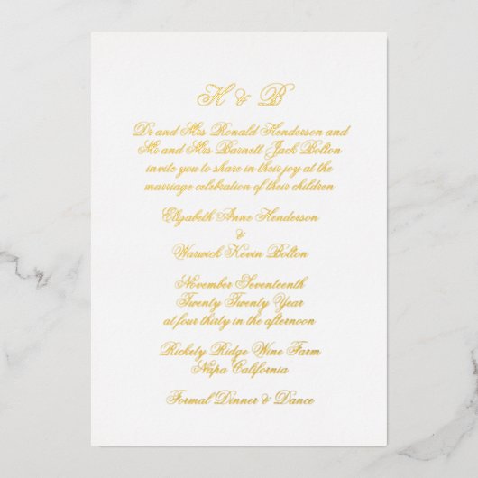 Kalligraphie Monogram Gold & White Formal Wedding Folieneinladung (Vorderseite)