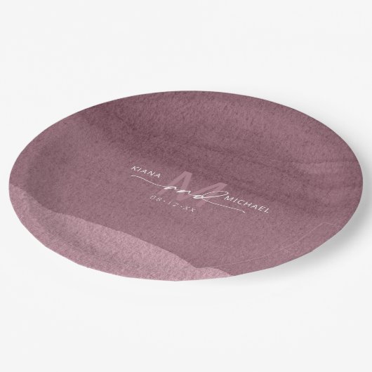 Kalligraphie Monogram Wedding Mauve ID771 Pappteller (Schrägansicht)