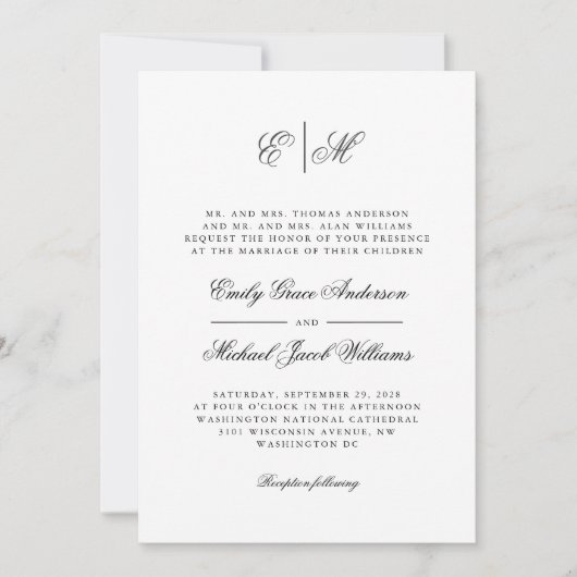 Kalligraphie Monogramm formale Schwarz-Weiß-Hochze Einladung (Vorderseite)