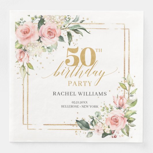 Kalligraphie Rosa Rosen Rose 50. Geburtstag Serviette (Vorderseite)