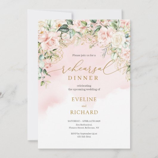 Kalligraphie Rose Eukalyptus Gold Probe Einladung (Vorderseite)