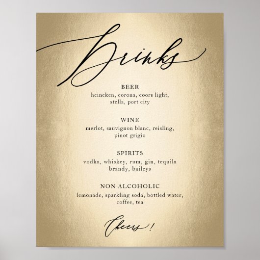 Kalligraphie Script Drinks & Cheers Wedding Sign Poster (Vorne)