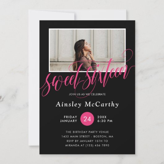 Kalligraphie-Wirbel Schwarz und Heiß rosa Foto Swe Einladung (Vorderseite)