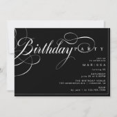 Kalligraphieschrift | Elegant Moody Black Birthday Einladung (Vorderseite)