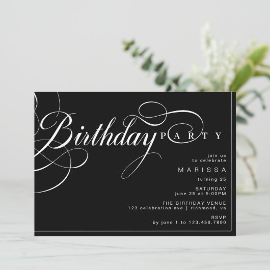 Kalligraphieschrift | Elegant Moody Black Birthday Einladung (Stehend Vorderseite)