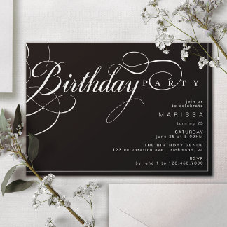 Kalligraphieschrift | Elegant Moody Black Birthday Einladung