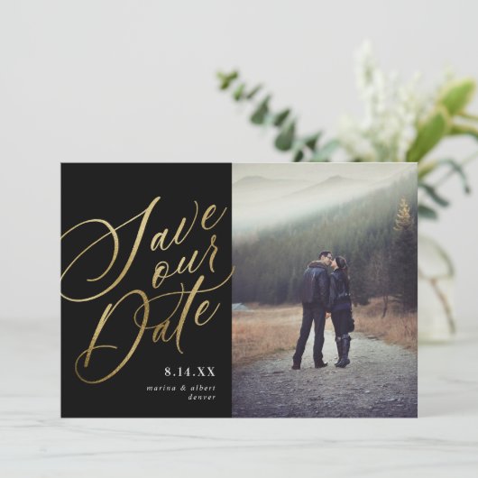 Kalligraphieschrift | Schwarzes Gold | FOTO Save The Date (Stehend Vorderseite)