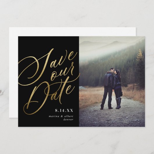 Kalligraphieschrift | Schwarzes Gold | FOTO Save The Date (Vorne/Hinten)