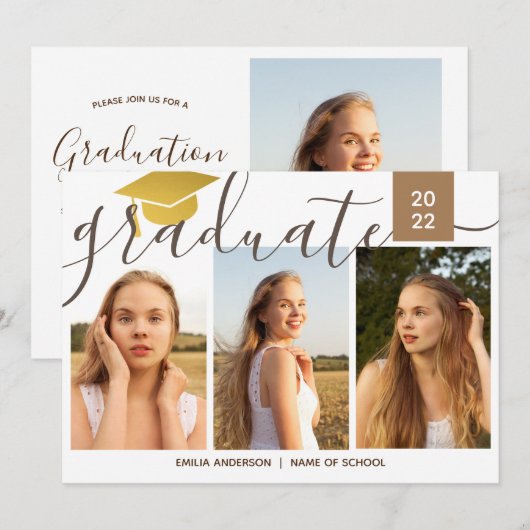 Kalligraphieskript 4 Foto Collage Abschluss Einladung (Vorne/Hinten)
