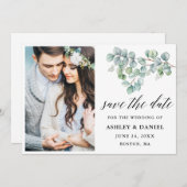 Kalligraphische Blätter der Eukalyptus Save The Date (Vorne/Hinten)