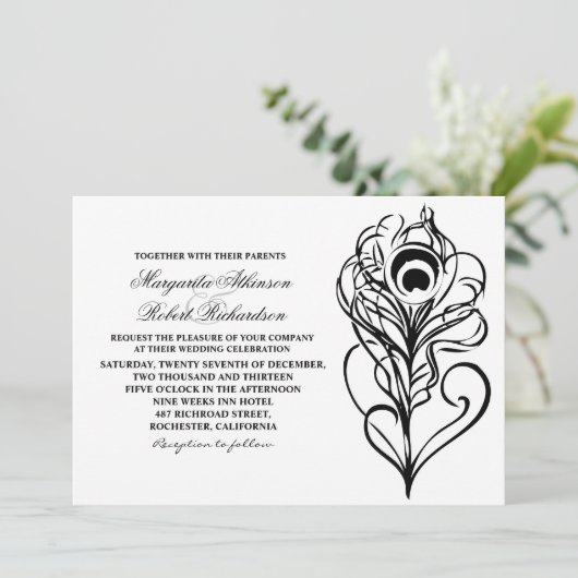 kalligraphische Pfauenfedern Einladungen zur Hochz (Stehend Vorderseite)