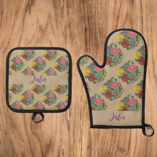 Kalocsai floral hinzufügen Name Backofen Mitt & To Ofenhandschuh & Topflappen-Set