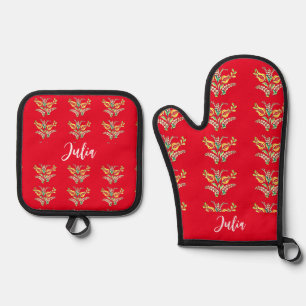 Kalocsai floral - Name Backofen Mitt & Topf Alkoho Ofenhandschuh & Topflappen-Set