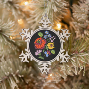 Kalocsai Stickerei - Ungarische Volkskunst schwarz Schneeflocken Zinn-Ornament