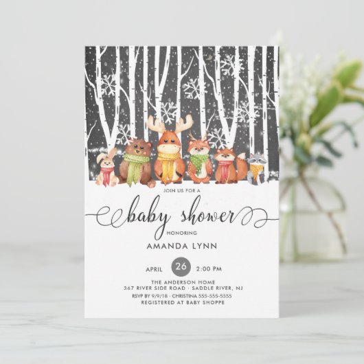 Kälte draußen Winter Woodland Tiere Babydusche Einladung (Stehend Vorderseite)