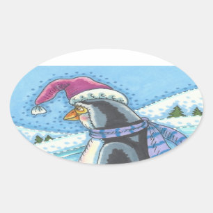 KALTER BODEN WARMES HERZ, PENGUIN WEIHNACHTS-STICK OVALER AUFKLEBER