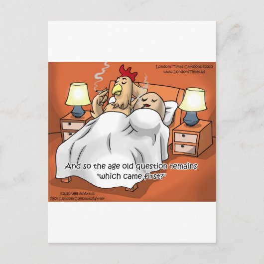 Kam das Huhn oder das Ei zuerst? Lustige Geschenke Postkarte (Vorderseite)