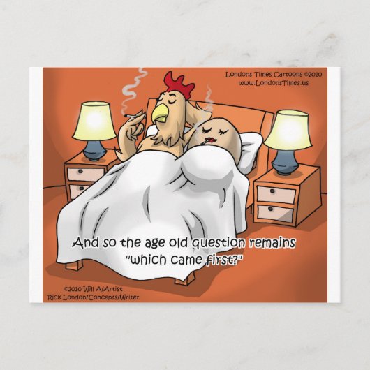 Kam das Huhn oder das Ei zuerst? Lustige Geschenke Postkarte (Vorderseite)