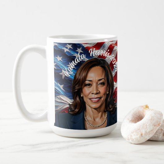 Kamala Harris 2024 und amerikanische Flagge Kaffeetasse (Mit Donut)