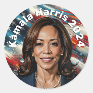 Kamala Harris und die amerikanische Flagge Runder Aufkleber