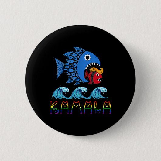 Kamala über Trump Blue Wave Big Fish frisst Small Button (Vorderseite)