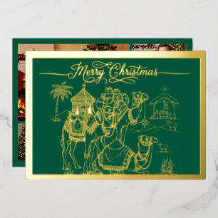 Kamele, Manger, frohe Weihnachten in Grün, Gold Folien Feiertagskarte