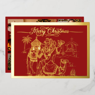 Kamele, Manger, frohe Weihnachten in Rot, Gold Folien Feiertagskarte