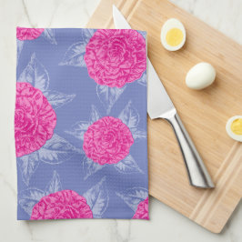 Kamelien Blume und Blätter rosa blaue Farbskizze Geschirrtuch