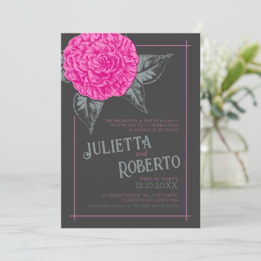 Kamelien-Hochzeit, rosa, graubraun Einladung (Stehend Vorderseite)