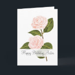 Kamelien im Blampenlicht-Sister zum Geburtstag Karte<br><div class="desc">Zwei schöne, elegante Kamelien zieren die Vorderseite dieser Geburtstagskarte. Die mit Pastellfarben Gezeichnet rosa Kamelien schaffen ein zartes und auffälliges Design, das Ihre Schwester ehrt. Die Worte "Happy Birthday, Sister" sind vorne geschrieben. Das Innere hat eine süße Stimmung, die Sie entweder behalten oder anpassen können. Machen Sie mit dieser Blumenkarte...</div>