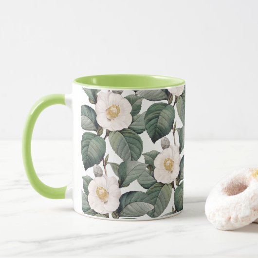 Kameliendekor auf Weiß Tasse (Mit Donut)