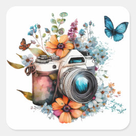 Kamera auf einem Strauß mit Schmetterling Quadratischer Aufkleber