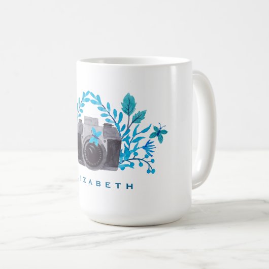 Kamera mit blauen Blätter und Schmetterlingen Kaffeetasse (VorderseiteRechts)