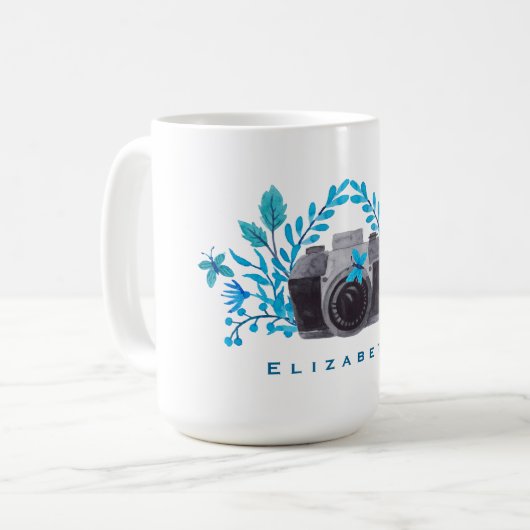 Kamera mit blauen Blätter und Schmetterlingen Kaffeetasse (Vorderseite Links)