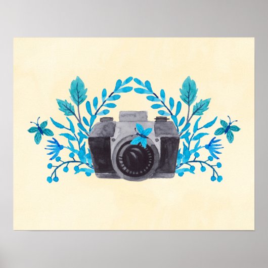 Kamera mit blauen Blätter und Schmetterlingen Poster (Vorne)