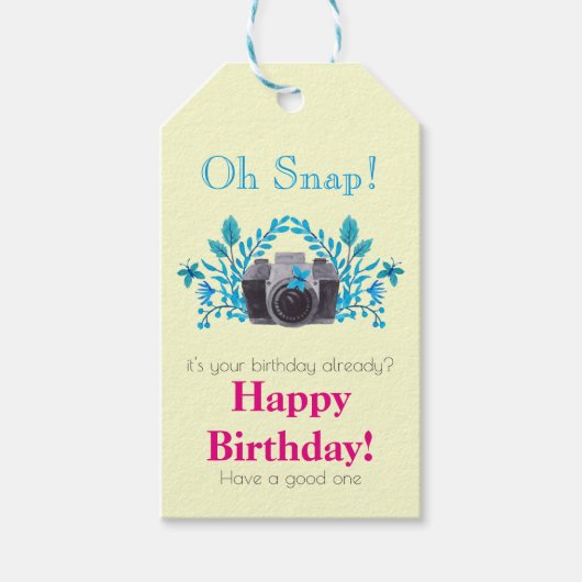 Kamera mit blauen Blätter und Schmetterlingen zum  Geschenkanhänger (Vorderseite)