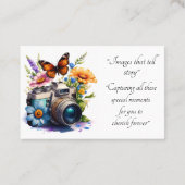 Kamera mit Blume und Schmetterlingsfotograf Visitenkarte (Rückseite)