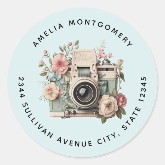 Kamera mit Blumen Retro Pastell Bild - Adresse Runder Aufkleber (Vorderseite)