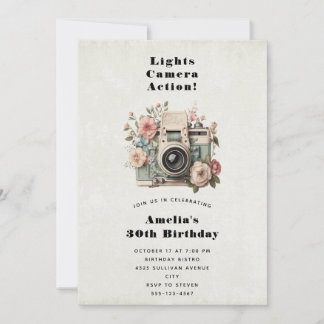 Kamera mit Blumen Retro Pastell Bild Geburtstag Einladung