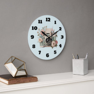 Kamera mit Blumen Retro Pastell Bild Große Wanduhr