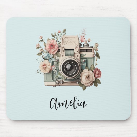 Kamera mit Blumen Retro Pastell Bild Mousepad (Vorne)
